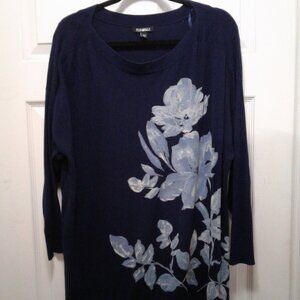 Roz & Ali Woman 2X 2 Tone Blue w/ Flower Long Sleeve Sweater